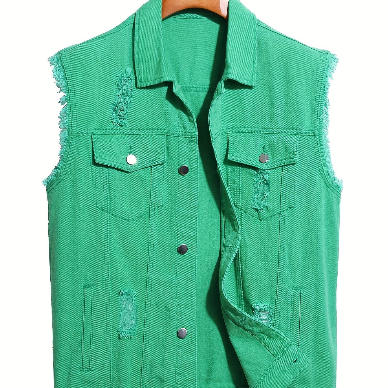 Men's Solid Lapel Collar Button Up Denim Vest With Breasted Pockets, Raw Trim And Ripped Pieces, Stylish And Trendy Vest For Daily And Street Wear