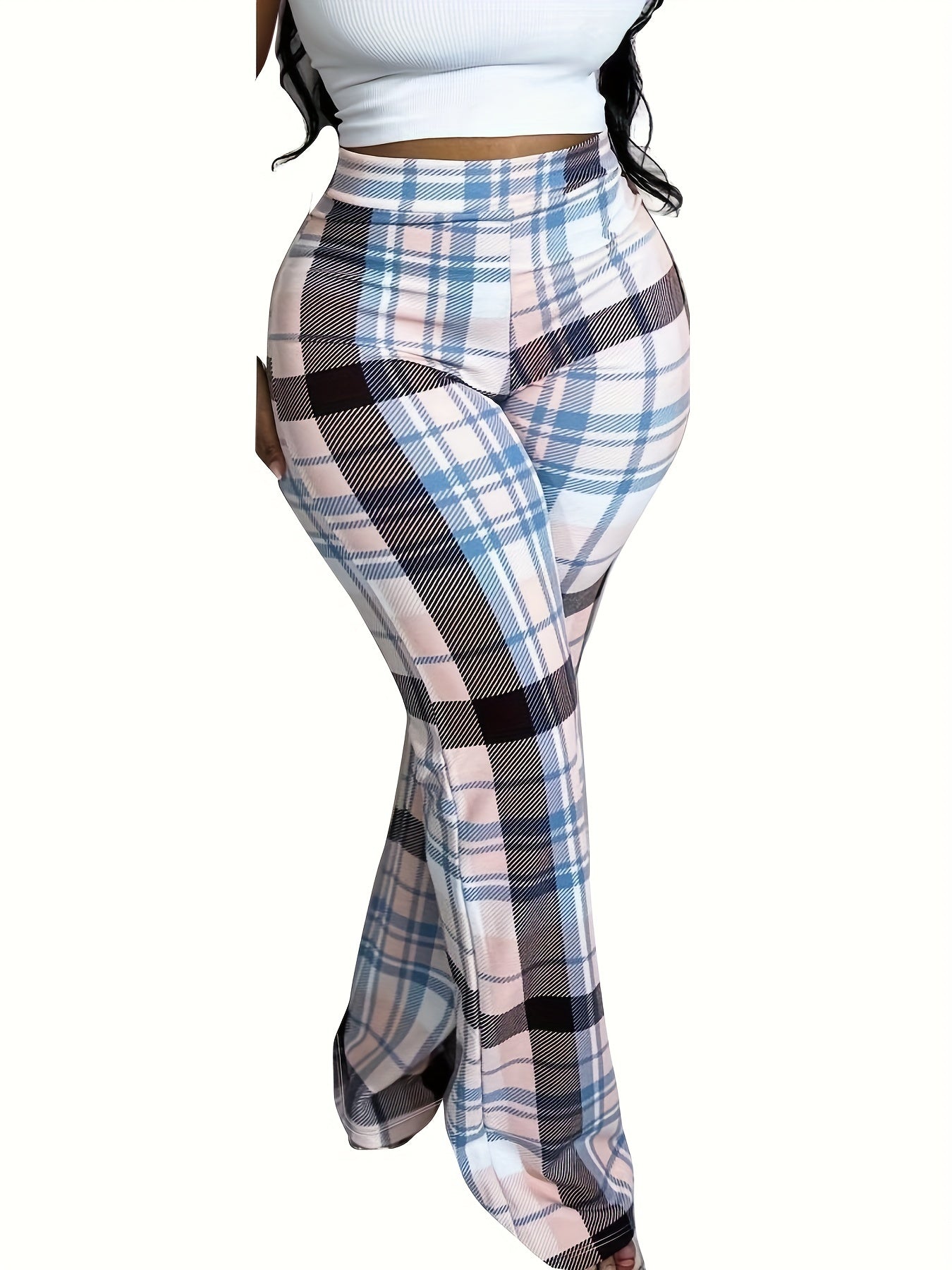 Women's Plaid Print Flared Leg Pants - Casual High Stretch Bodycon Street Wear Pants - For Women - Suitable for Casual Wear - Perfect Gift for Fashionable Women