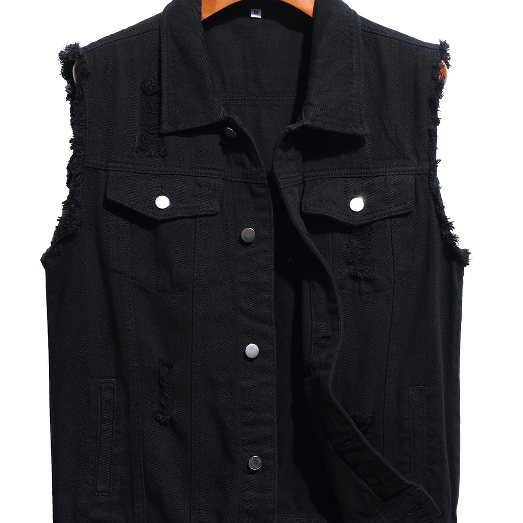 Men's Solid Lapel Collar Button Up Denim Vest With Breasted Pockets, Raw Trim And Ripped Pieces, Stylish And Trendy Vest For Daily And Street Wear