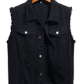 Men's Solid Lapel Collar Button Up Denim Vest With Breasted Pockets, Raw Trim And Ripped Pieces, Stylish And Trendy Vest For Daily And Street Wear