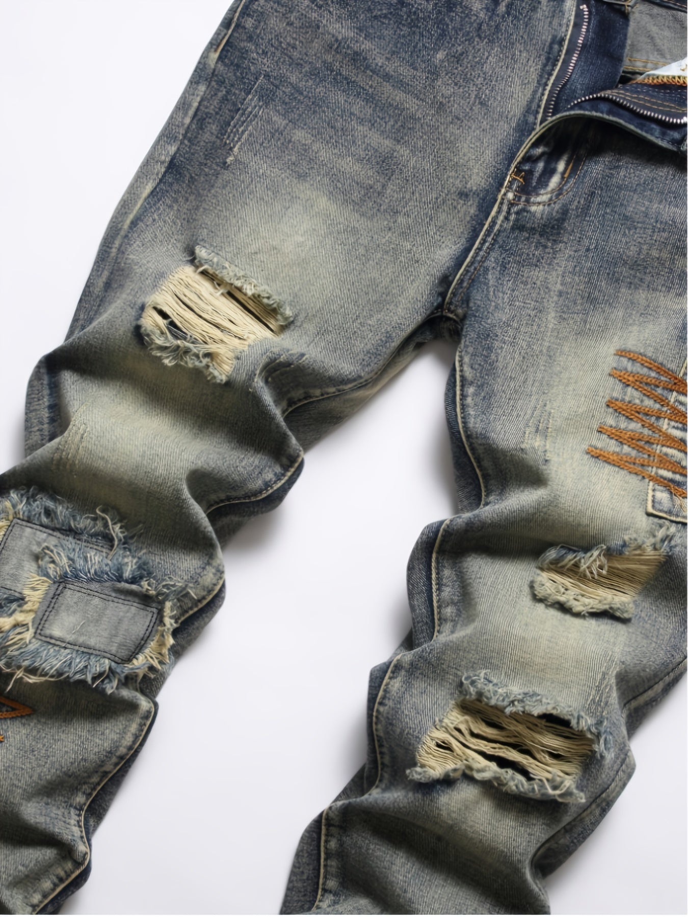 HME Men's Heavy Washed Vintage Distressed Denim Jeans - 3D Patchwork & Embellished Design, Mid-Waist Elastic Slim Straight Leg, Plus-Size Streetwear Hip-Hop Trousers with YKK Zipper Closure, All-Season Stretch Fabric (Machine