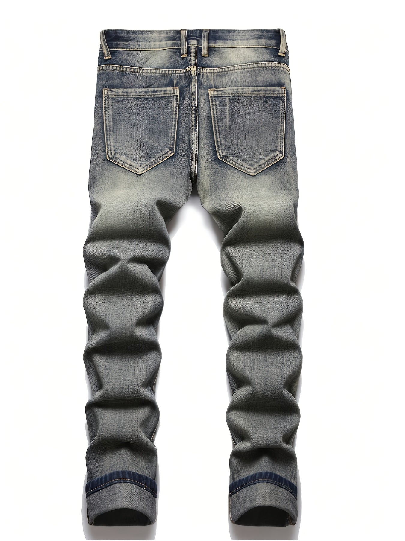 HME Men's Heavy Washed Vintage Distressed Denim Jeans - 3D Patchwork & Embellished Design, Mid-Waist Elastic Slim Straight Leg, Plus-Size Streetwear Hip-Hop Trousers with YKK Zipper Closure, All-Season Stretch Fabric (Machine