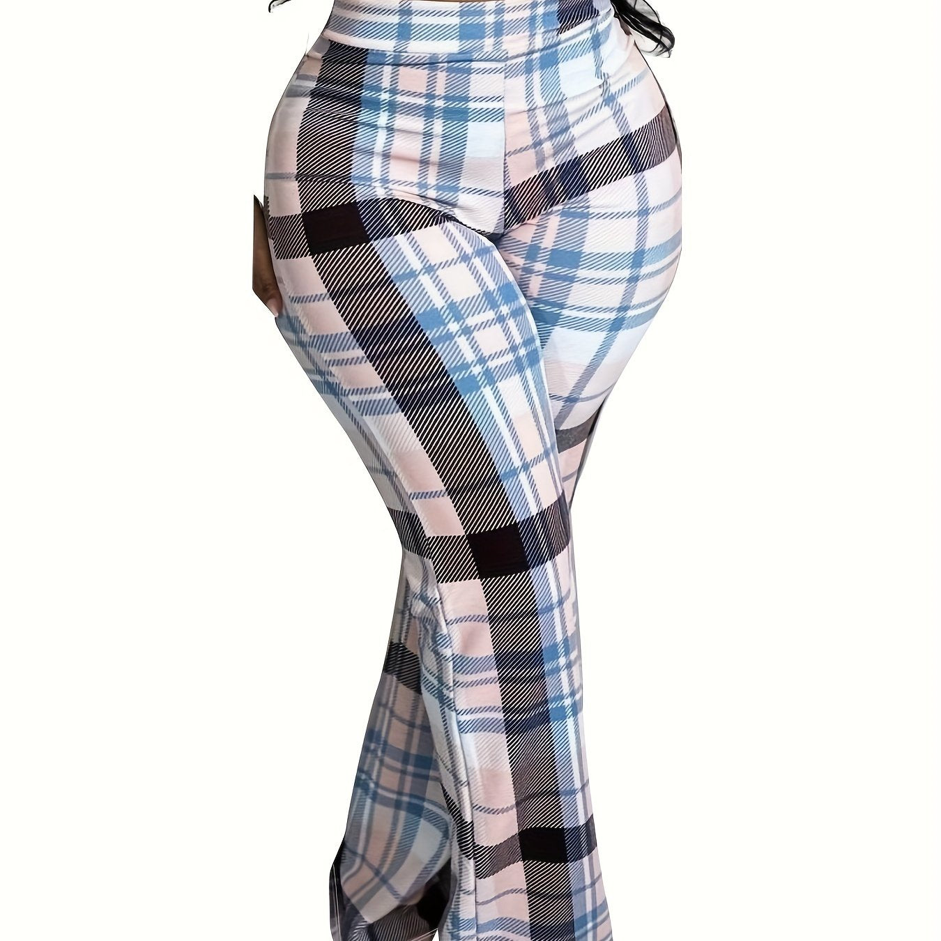Women's Plaid Print Flared Leg Pants - Casual High Stretch Bodycon Street Wear Pants - For Women - Suitable for Casual Wear - Perfect Gift for Fashionable Women