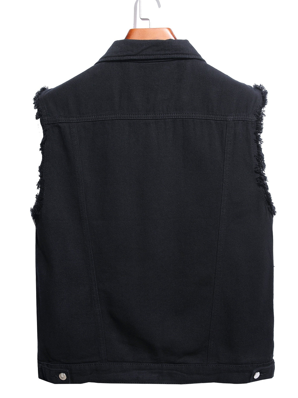 Men's Solid Lapel Collar Button Up Denim Vest With Breasted Pockets, Raw Trim And Ripped Pieces, Stylish And Trendy Vest For Daily And Street Wear