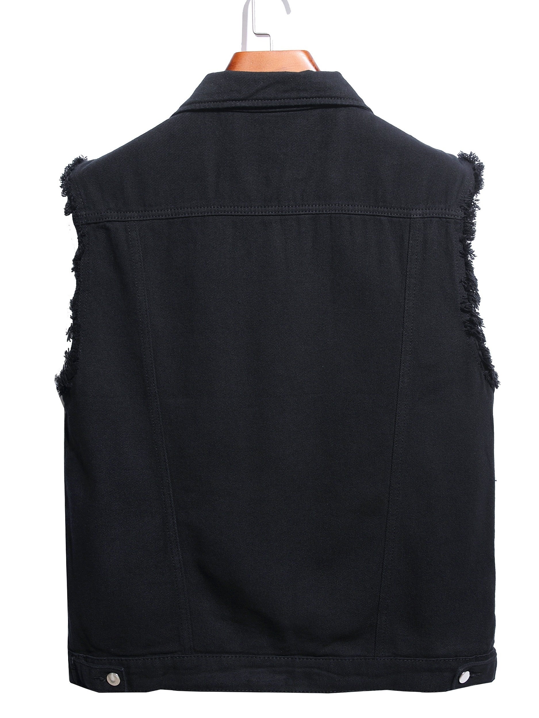 Men's Solid Lapel Collar Button Up Denim Vest With Breasted Pockets, Raw Trim And Ripped Pieces, Stylish And Trendy Vest For Daily And Street Wear