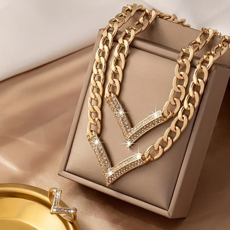 1set Ring + Bracelet + Necklace Stylish Jewelry Set Sparkling V + Chain Design Match Daily Outfits Party Accessories Perfect Decor For Fashion Trends Followers