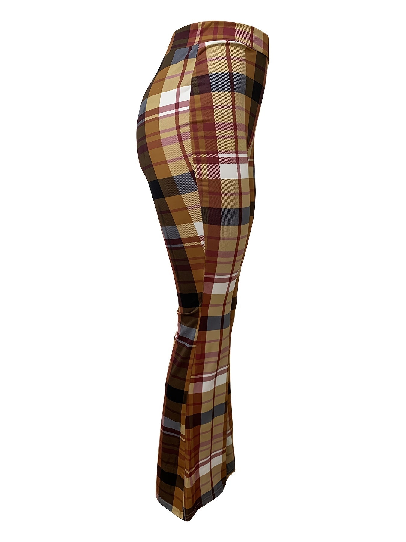 Women's Plaid Print Flared Leg Pants - Casual High Stretch Bodycon Street Wear Pants - For Women - Suitable for Casual Wear - Perfect Gift for Fashionable Women