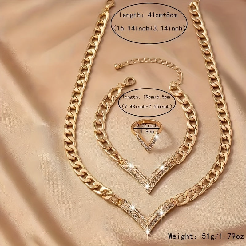1set Ring + Bracelet + Necklace Stylish Jewelry Set Sparkling V + Chain Design Match Daily Outfits Party Accessories Perfect Decor For Fashion Trends Followers
