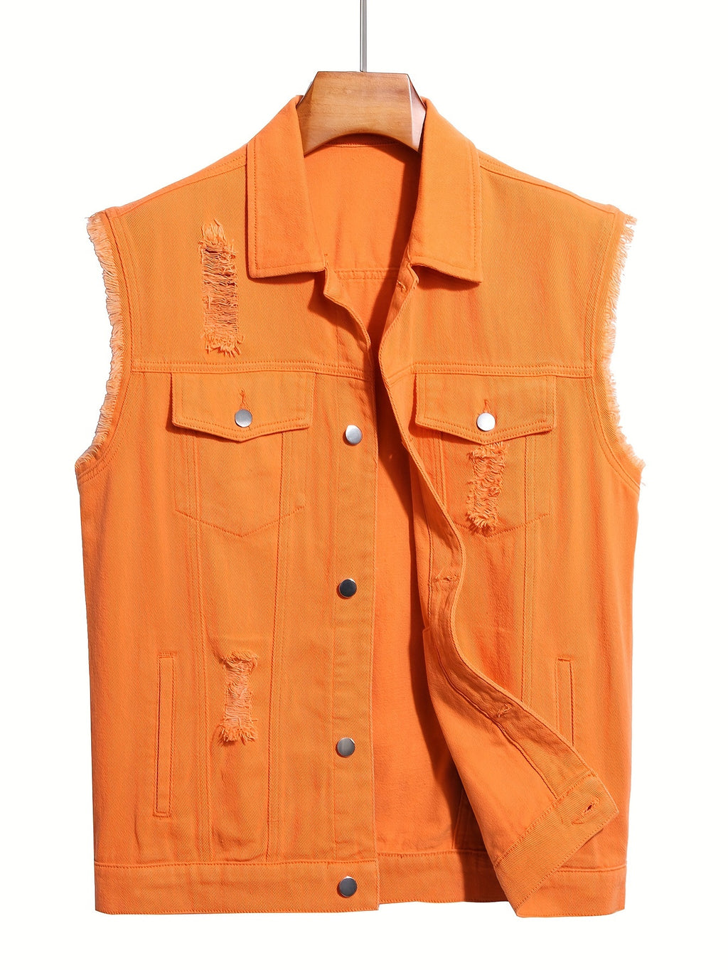 Men's Solid Lapel Collar Button Up Denim Vest With Breasted Pockets, Raw Trim And Ripped Pieces, Stylish And Trendy Vest For Daily And Street Wear