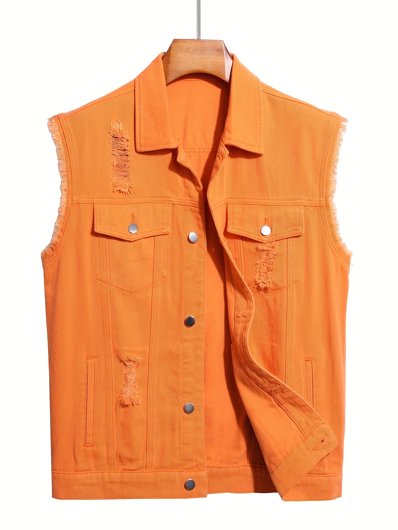Men's Solid Lapel Collar Button Up Denim Vest With Breasted Pockets, Raw Trim And Ripped Pieces, Stylish And Trendy Vest For Daily And Street Wear