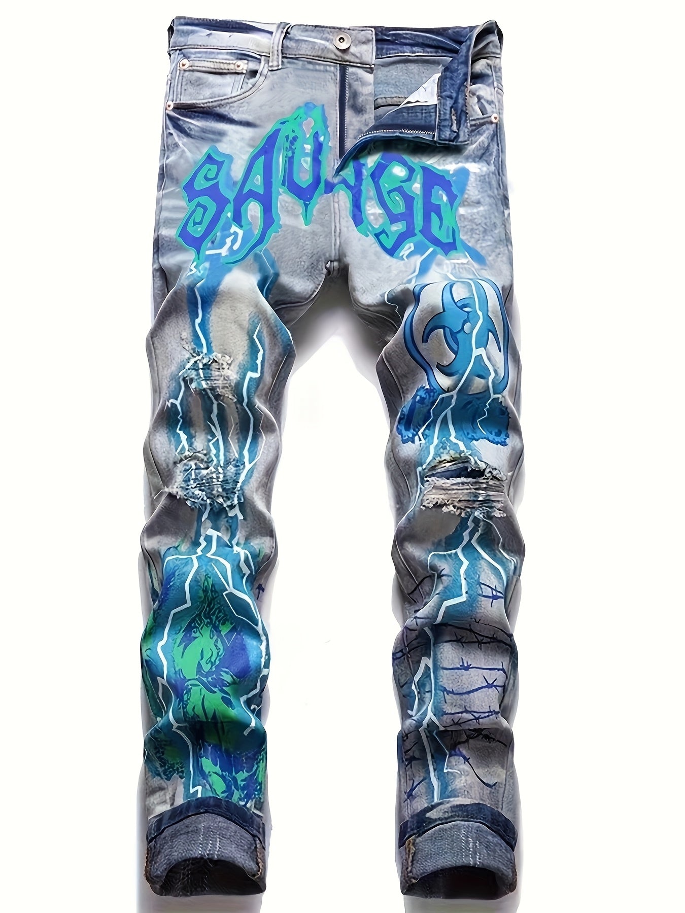 Men's Lightning Graphic Print Ripped Denim Trousers with Pockets, Causal Cotton Blend Slim-fit Jeans for Outdoor Activities Men Jeans Para Hombre
