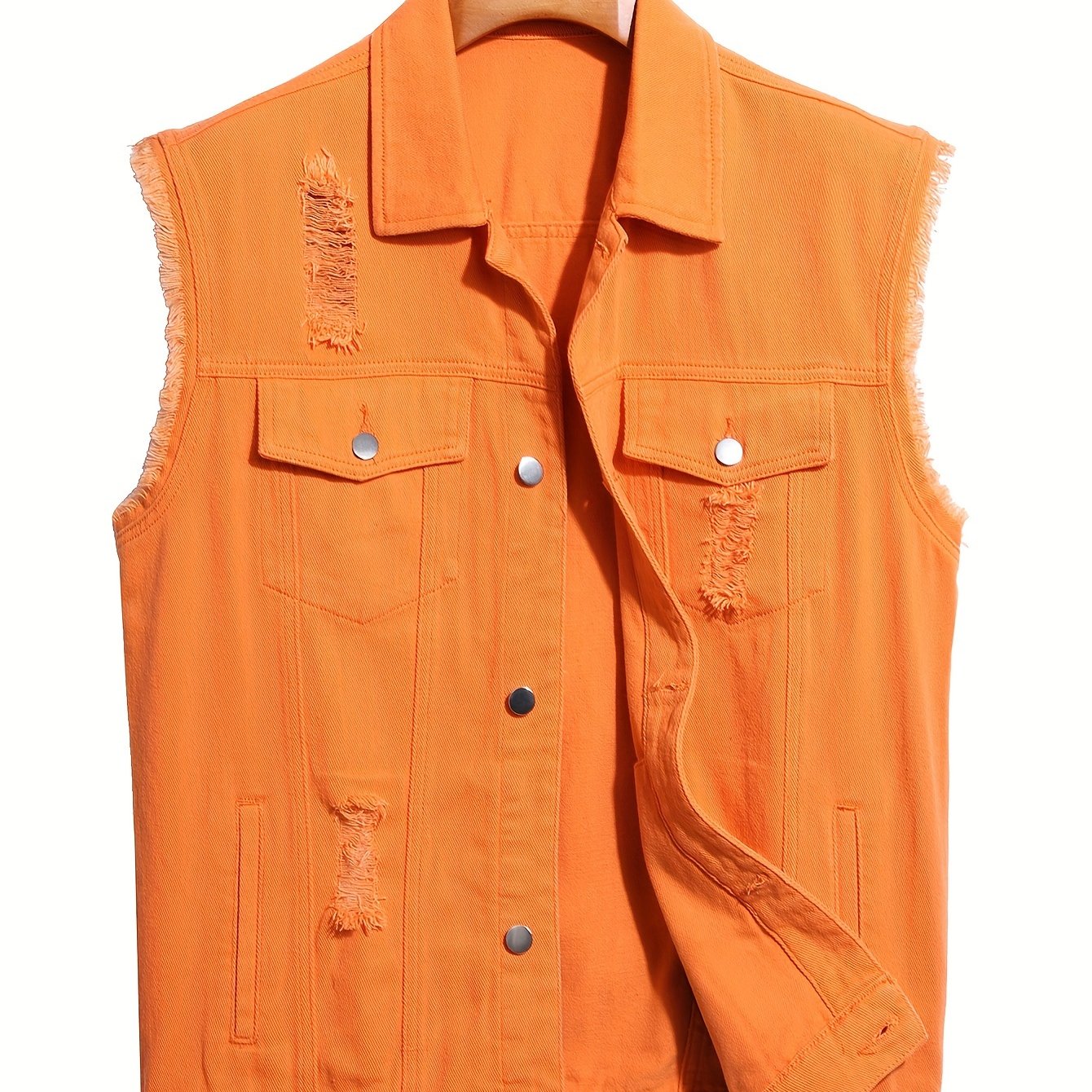 Men's Solid Lapel Collar Button Up Denim Vest With Breasted Pockets, Raw Trim And Ripped Pieces, Stylish And Trendy Vest For Daily And Street Wear