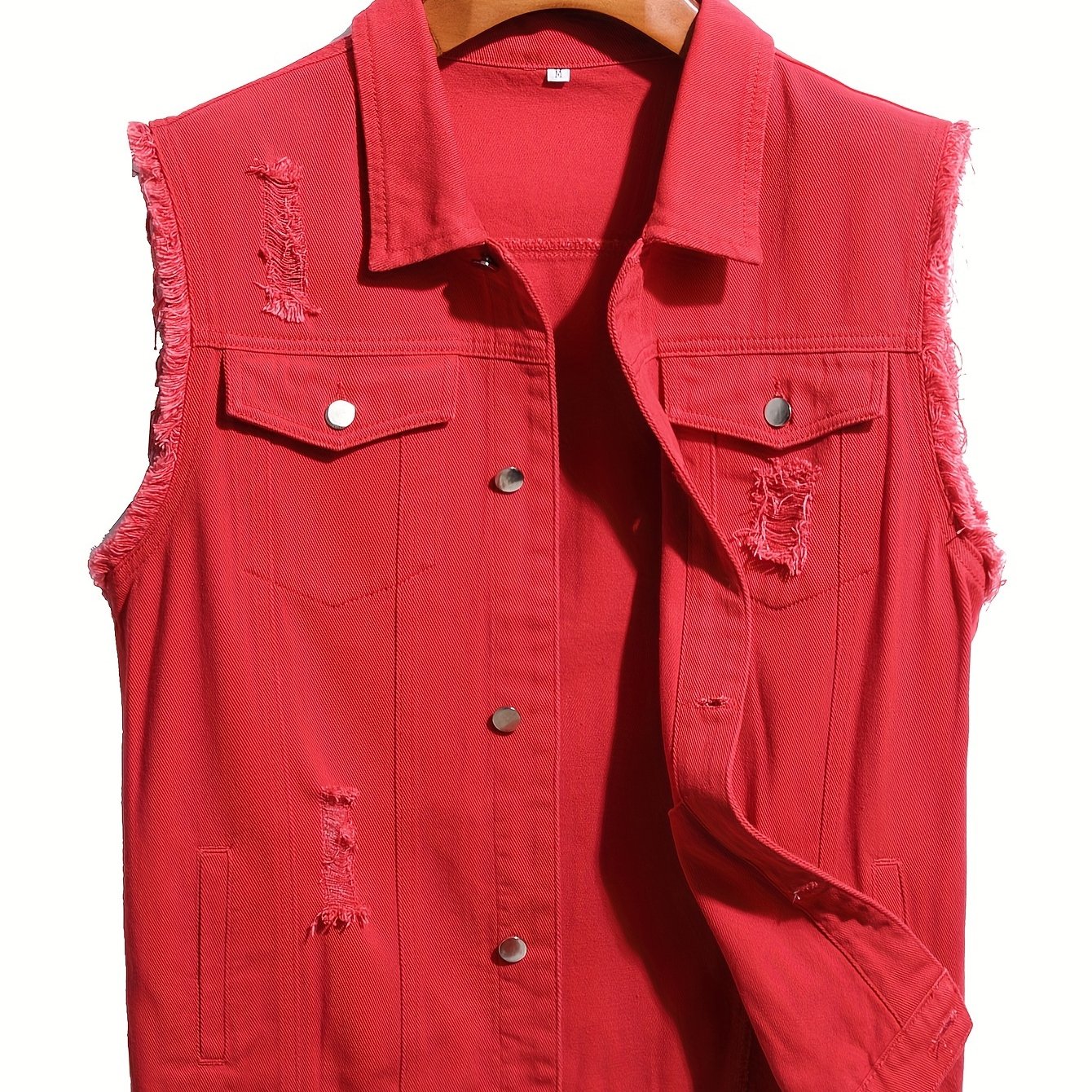 Men's Solid Lapel Collar Button Up Denim Vest With Breasted Pockets, Raw Trim And Ripped Pieces, Stylish And Trendy Vest For Daily And Street Wear