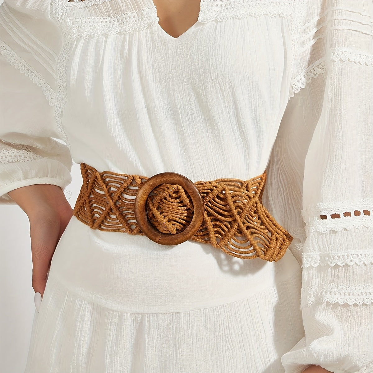 1pc Straw Woven Elastic Stretch Waist Braided Belt Fashionable Women Dress Belt Waist Dress Band Straw Woven Bohemian Belts