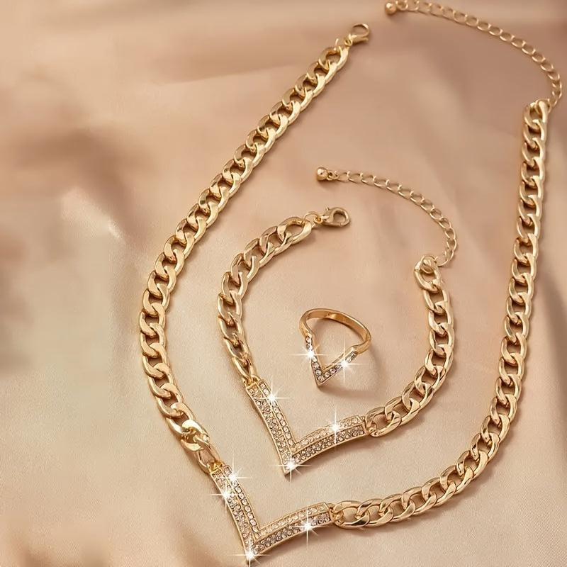 1set Ring + Bracelet + Necklace Stylish Jewelry Set Sparkling V + Chain Design Match Daily Outfits Party Accessories Perfect Decor For Fashion Trends Followers