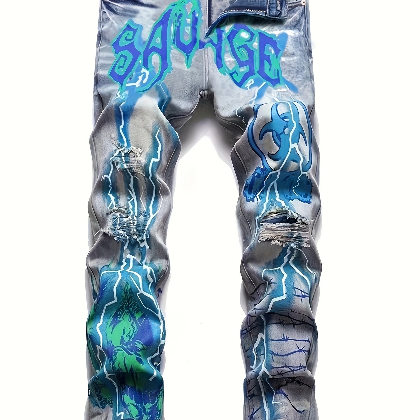 Men's Lightning Graphic Print Ripped Denim Trousers with Pockets, Causal Cotton Blend Slim-fit Jeans for Outdoor Activities Men Jeans Para Hombre