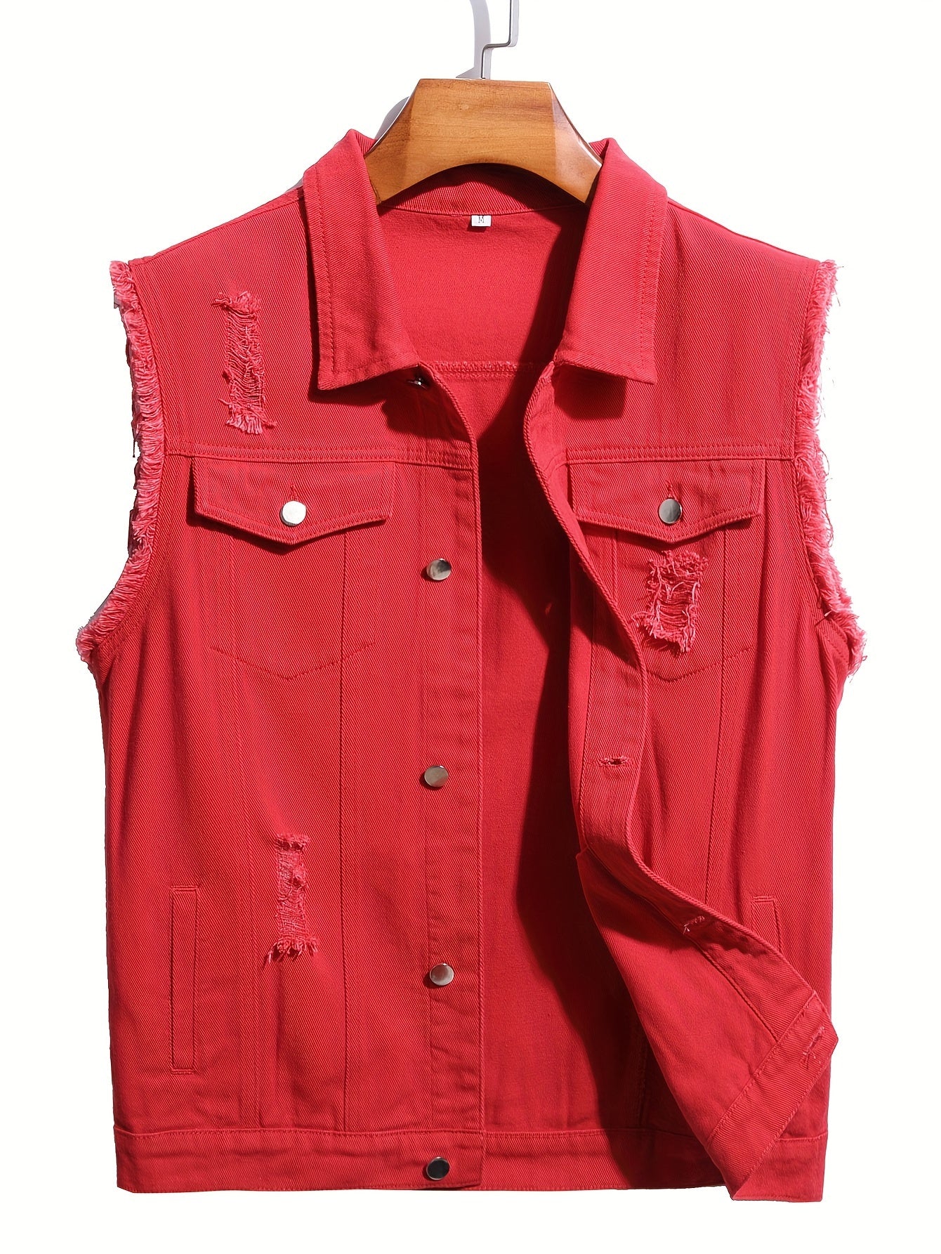 Men's Solid Lapel Collar Button Up Denim Vest With Breasted Pockets, Raw Trim And Ripped Pieces, Stylish And Trendy Vest For Daily And Street Wear