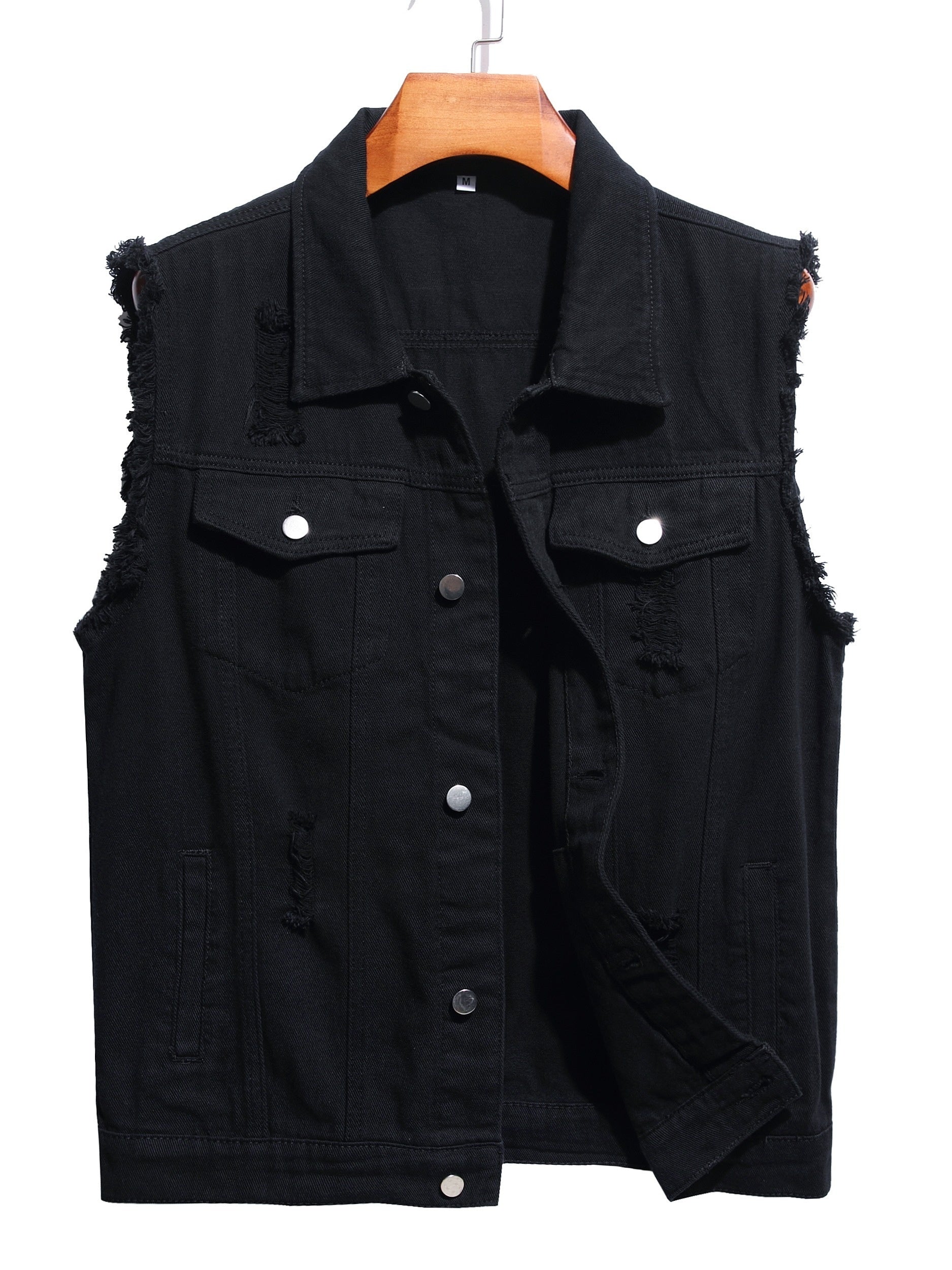 Men's Solid Lapel Collar Button Up Denim Vest With Breasted Pockets, Raw Trim And Ripped Pieces, Stylish And Trendy Vest For Daily And Street Wear