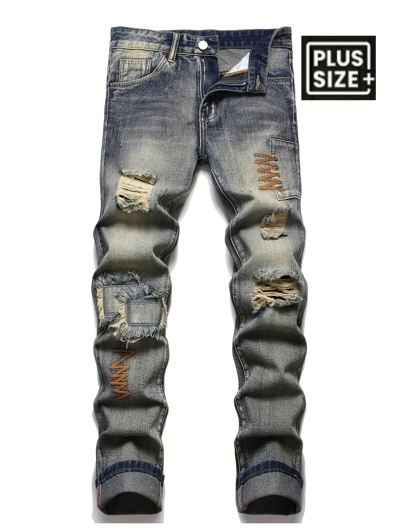 HME Men's Heavy Washed Vintage Distressed Denim Jeans - 3D Patchwork & Embellished Design, Mid-Waist Elastic Slim Straight Leg, Plus-Size Streetwear Hip-Hop Trousers with YKK Zipper Closure, All-Season Stretch Fabric (Machine
